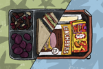 The halves of two lunch trays -- one grey and one orange -- are joined, the orange containing a packaged lunch, a juice box and string cheese, while the grey holds a more natural meal: sandwiches, nuts and berries, grapes. They are divided by a diagonal cutting down the middle, bisecting the background into green on the left and blue on the right, yet each are covered in stars.