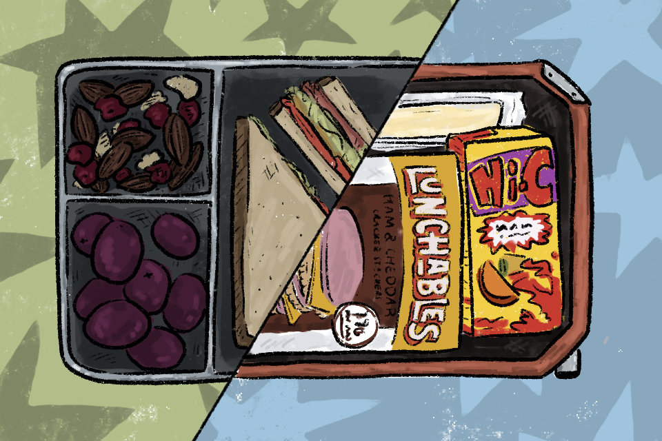 The halves of two lunch trays -- one grey and one orange -- are joined, the orange containing a packaged lunch, a juice box and string cheese, while the grey holds a more natural meal: sandwiches, nuts and berries, grapes. They are divided by a diagonal cutting down the middle, bisecting the background into green on the left and blue on the right, yet each are covered in stars.