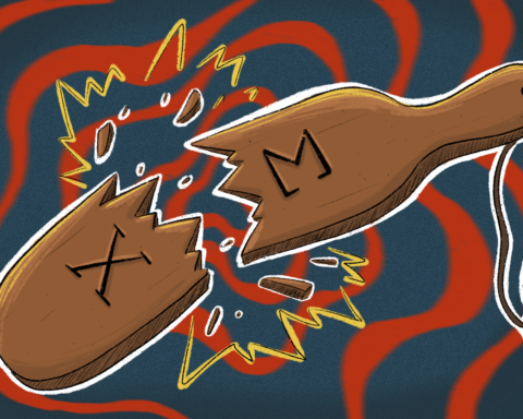 Against a blue and red swirly background, a paddle is snapped in half.