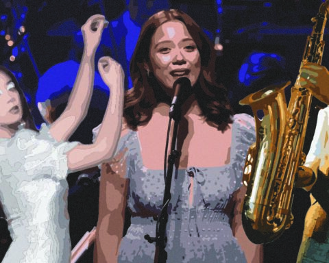 Collage of Laufey performing.