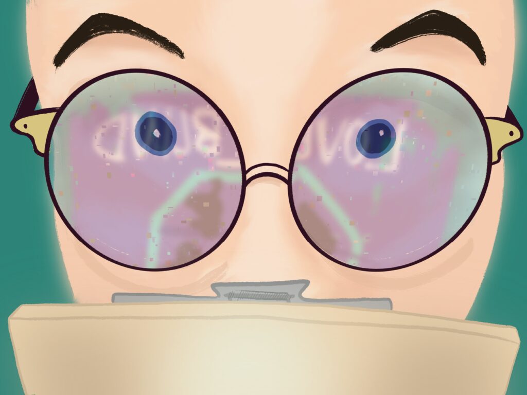 Person with colorful glasses behind a clipboard.