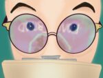 Person with colorful glasses behind a clipboard.