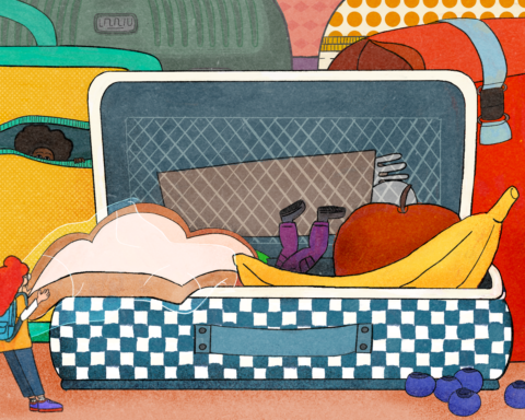 Two figures -- one with red hair, another in purple pants -- dive into a large checkered lunchbox, presumably looking for a bite to eat. It contains sandwiches, fruit, utensils and presumably more, placed in front of a background made up of lunchboxes in red, yellow, polka dots and even grey foam. A figure with dark skin peeks out of the yellow lunchbox.