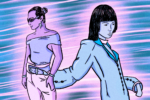 Two androgynous models posing in fashion show.