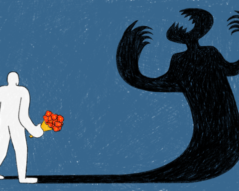 A white figure is seen approaching a black shadow-beast stretching out onto a blue background with white scratches. The beast lashes out in a hostile display, fangs bared, needle-like claws drawn and held up in a slicing gesture, whilst the white figure offers it red flowers tied in yellow paper as a sign of peace -- a perhaps healing.