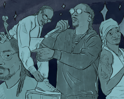 Four different Snoop Dogg's stand against a dark background with twinkling stars cast in pallid turquoise, presumably at different points in time (or not, who are we to judge?). They show all of the different sides of Snoop Dogg -- rapper, shoe model, celebrity chef and just plain ol' celebrity. His multitudes are put on full display as rapper Snoop flaunts some rhymes for an audience that cannot be seen. A cartoon snail sits atop the Snoop at the far-left.
