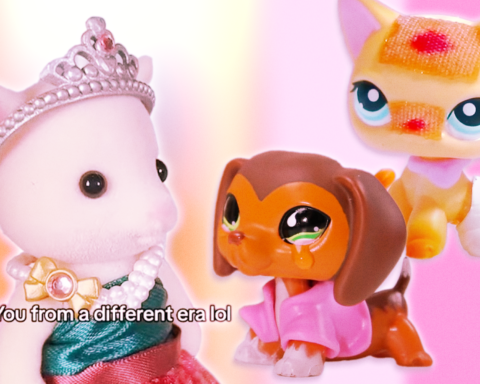 Calico Cats and Littlest Pet Shop figurines dressed in dresses.