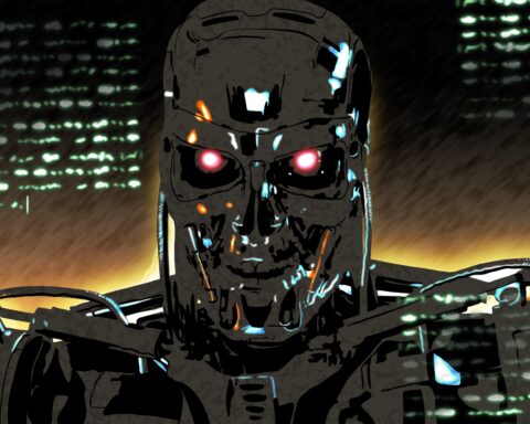 The terminator with its robotic features in detail.