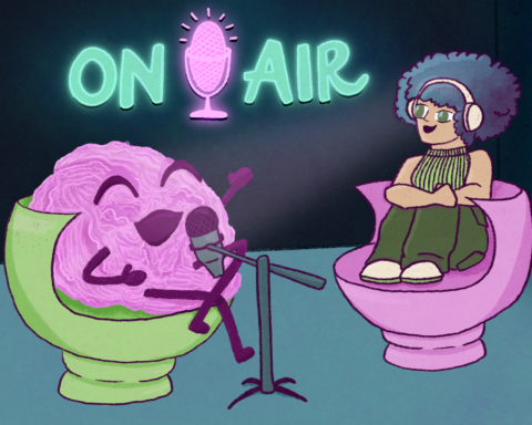 An animated brain with a podcaster in front of an "On Air" sign.