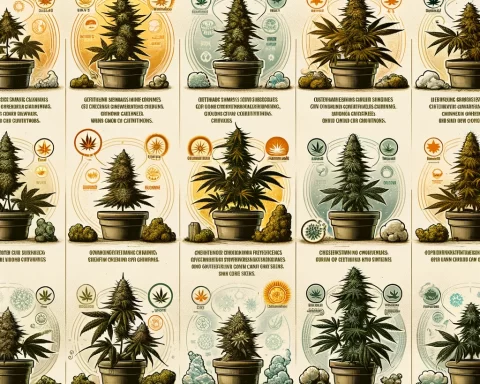 a detailed infographic that illustrates the optimal strains for different growing conditions, using a natural and earthy color scheme to reflect the organic nature of cannabis cultivation.