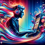 a dynamic and vibrant illustration of a person playing online slots, fully immersed in the game with headphones on.