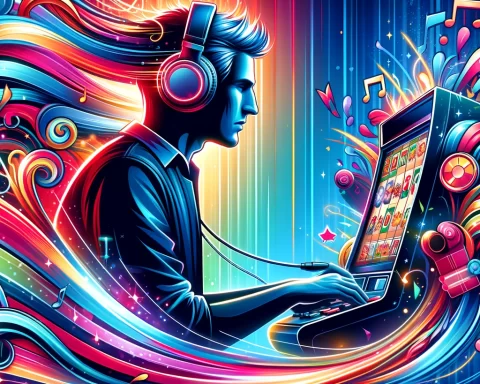 a dynamic and vibrant illustration of a person playing online slots, fully immersed in the game with headphones on.