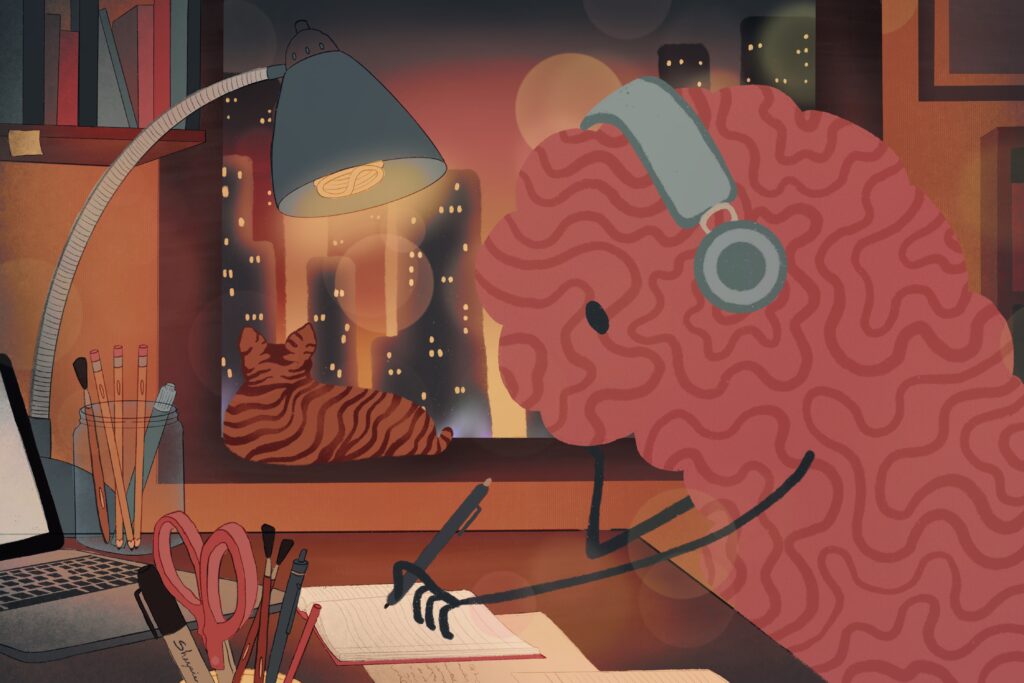 Brain listening to music on headphones in studying environment.
