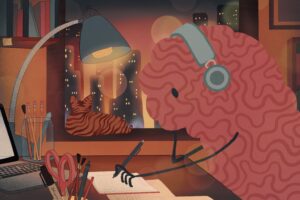 Brain listening to music on headphones in studying environment.
