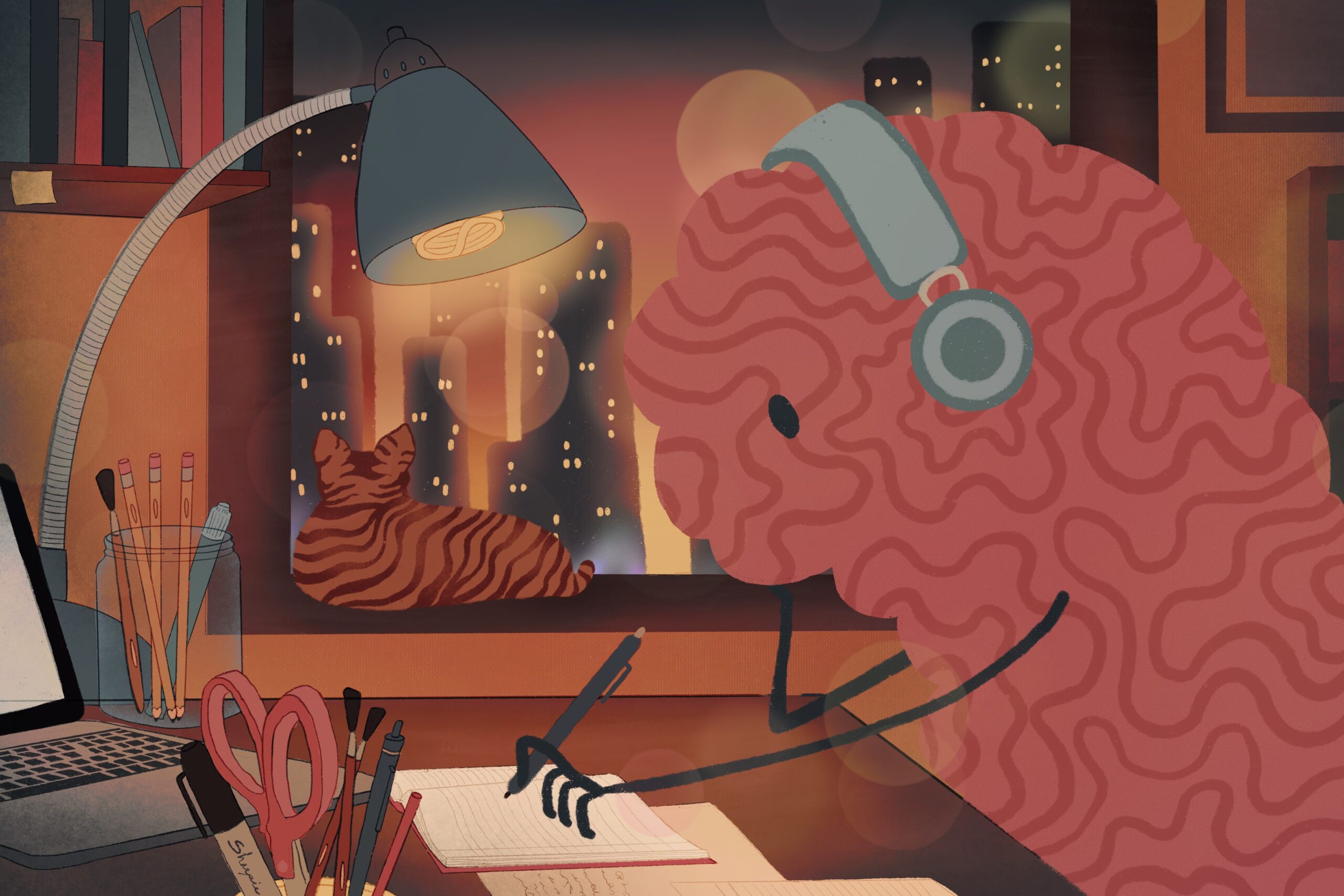 Brain listening to music on headphones in studying environment.