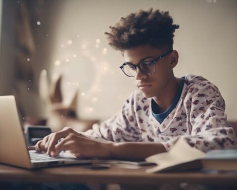 High School student in front of lap top