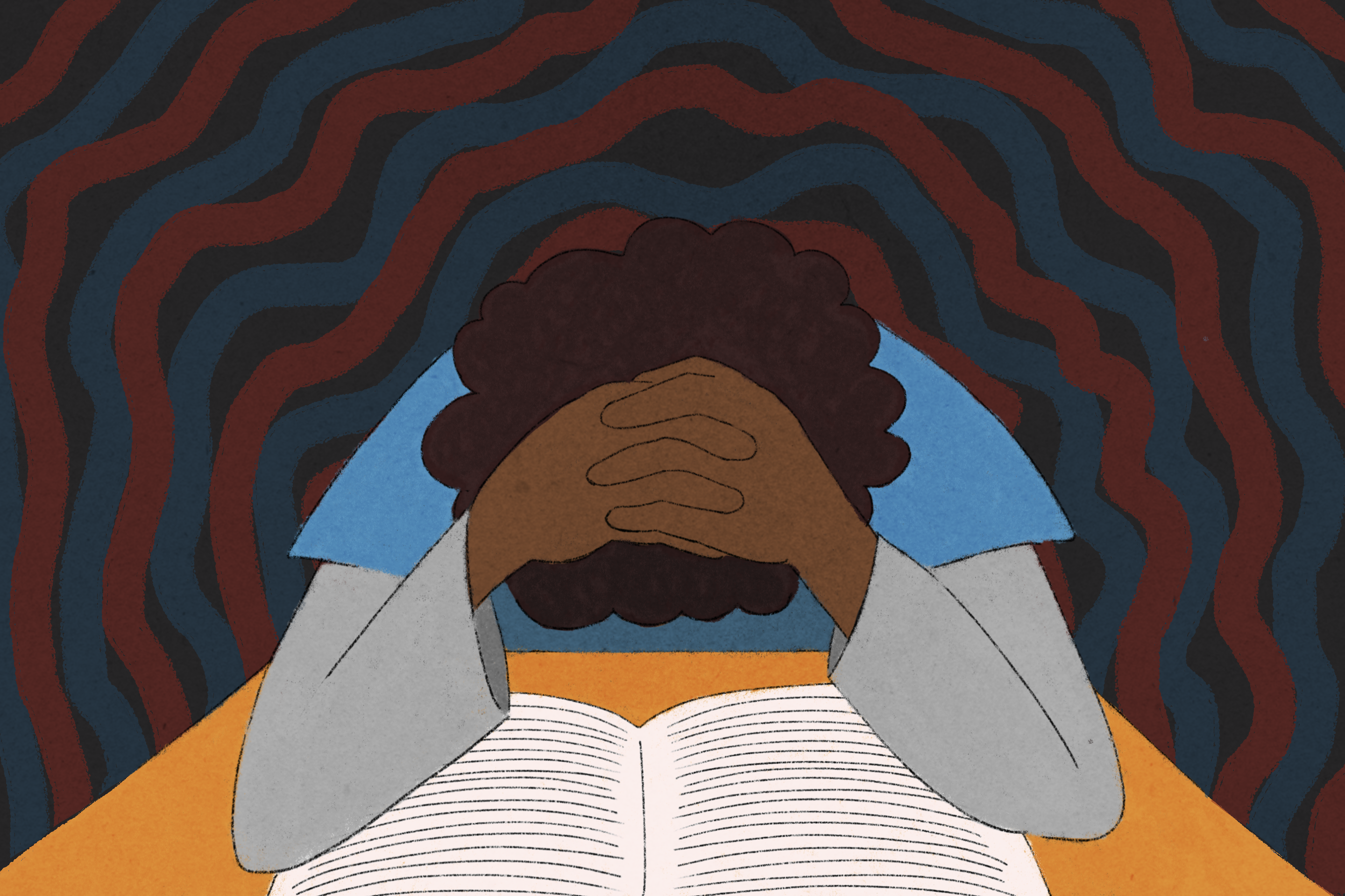 POC with head in hands over a book.