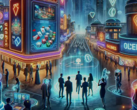 It features a futuristic cityscape with neon signs and people engaging in various online gambling activities using holographic displays and VR headsets. Feel free to use it for your blog!
