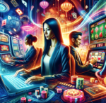 The image represents the vibrant and exciting world of online casino gaming, featuring a diverse group of people engaging in various casino activities.
