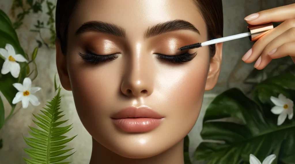 Here is the image depicting a serene beauty setup with Vegamore’s Eyelash Growth Serum, Brow Growth Serum, and Hair Growth Mask.