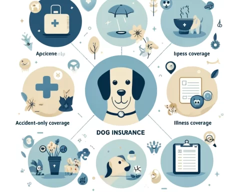 It illustrates the key aspects of different types of dog insurance plans, including Accident-Only Coverage, Illness Coverage, and Wellness Plans. The design is friendly and approachable, using calming colors and images of different dog breeds to make it relatable to a wide range of dog owners