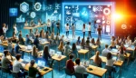 This visual represents a diverse group of students engaged in a high-tech classroom setting.