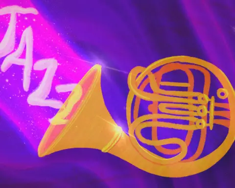 A golden French horn shines against a glossy purple background, flickering in misty streams like the northern lights. A forceful, shining beam of energy erupts from the horn's head, contrasting against the muted tones of the background with its glittering hues. The word "JAZZ" floats out from the horn, into the float, rendered in a phosphorus, cloud-like texture.