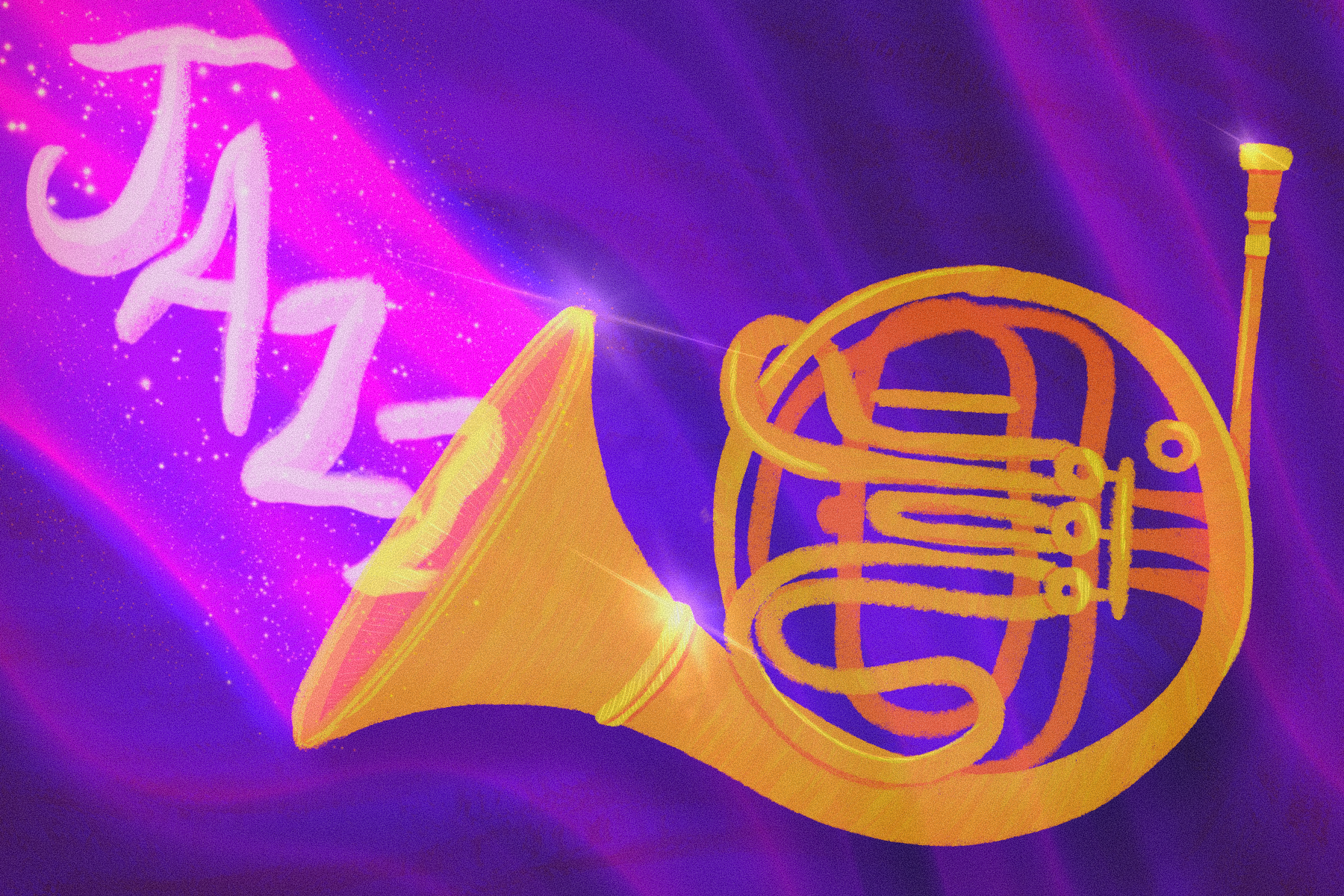 A golden French horn shines against a glossy purple background, flickering in misty streams like the northern lights. A forceful, shining beam of energy erupts from the horn's head, contrasting against the muted tones of the background with its glittering hues. The word "JAZZ" floats out from the horn, into the float, rendered in a phosphorus, cloud-like texture.