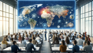 Image displays a modern classroom filled with students attentively listening to a lecturer at the front.
