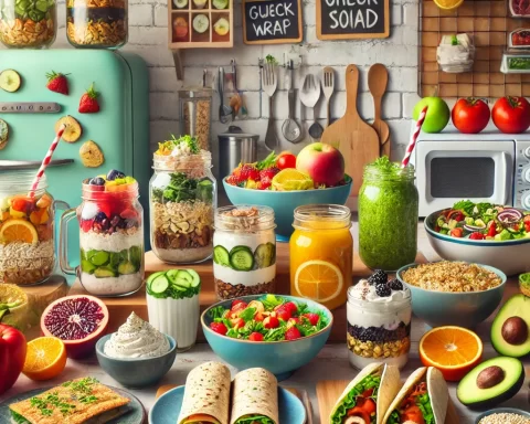 Here's the image showcasing a variety of quick and healthy meal options designed for college students.