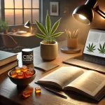 Here is the image of a tranquil and cozy study environment, complete with a book, laptop, and a small bowl of CBD gummies, designed to illustrate a setting conducive to relaxation and productivity for students.