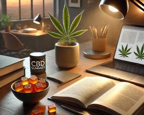 Here is the image of a tranquil and cozy study environment, complete with a book, laptop, and a small bowl of CBD gummies, designed to illustrate a setting conducive to relaxation and productivity for students.
