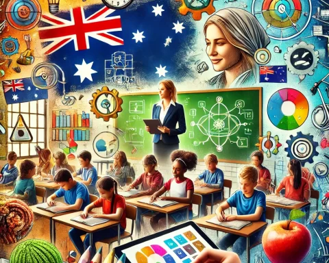 Here is the image representing the vibrant and educational culture in Australian classrooms, featuring diverse students engaged in learning with modern teaching