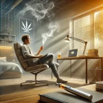 Here's the image I created based on your description of a university student balancing study and relaxation with the use of THC vape juice.
