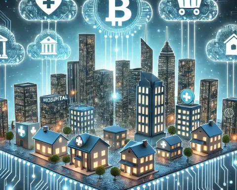 Here is the digital illustration representing the concept of cryptocurrency transforming business in 2024. The scene depicts a futuristic cityscape