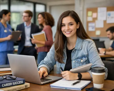 Femaie college student sitting at desk in Library